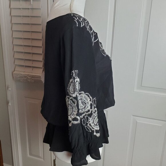 Vintage Cache Blouse Womens Small Silk Black Silver Embroidery Peplum 3/4 Sleeve - Picture 12 of 15